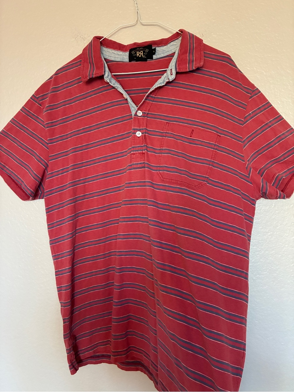 RARE VTG RRL Ralph Lauren Men’s XL Red/Blue Striped Polo Shirt w/ Pocket Preppy - Picture 9 of 9